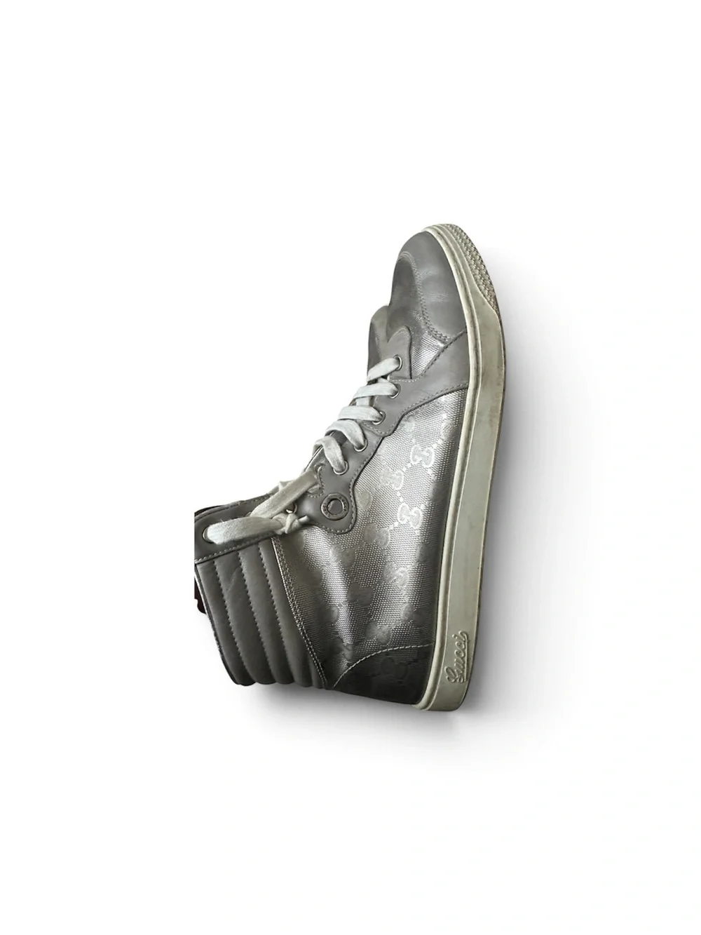 Gucci Metallic Gray High-Top Sneakers with Gold Logo